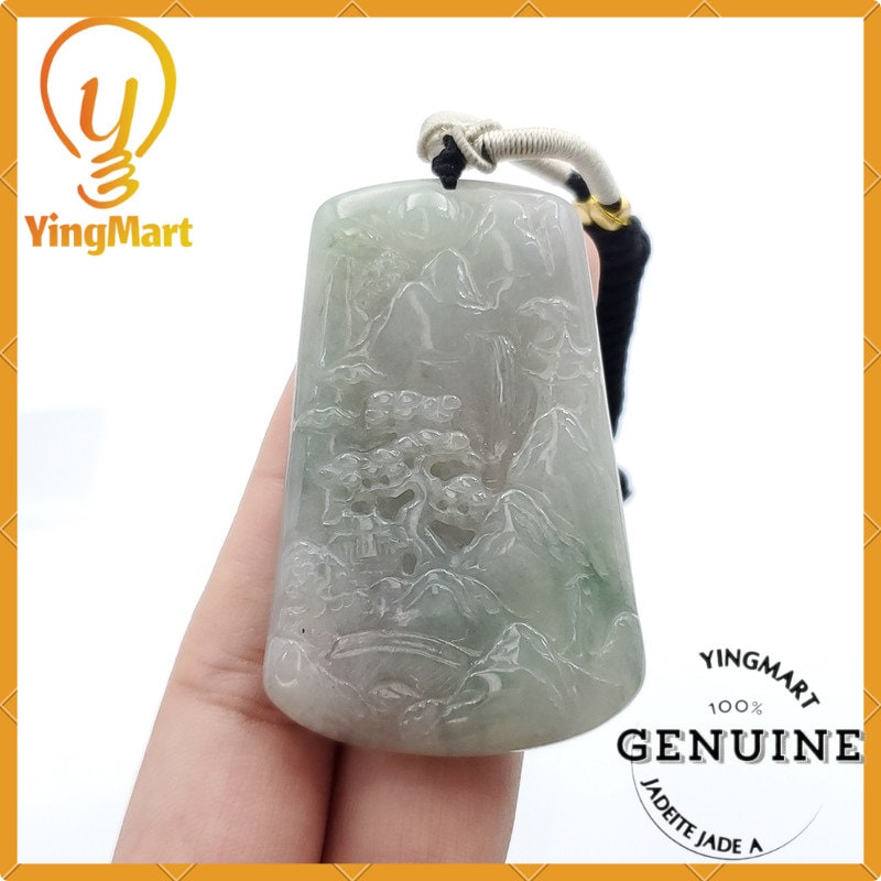 Yingmart 100% Jadeite Jade Pendant Carved Landscape   Burmese Myanmar Genuine Jadeite Real Jade Grade A Type A