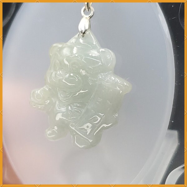 Yingmart White Happy Tiger Burmese Myanmar Genuine Jadeite Jade Grade A Hand Craving Pedant with Hook setting