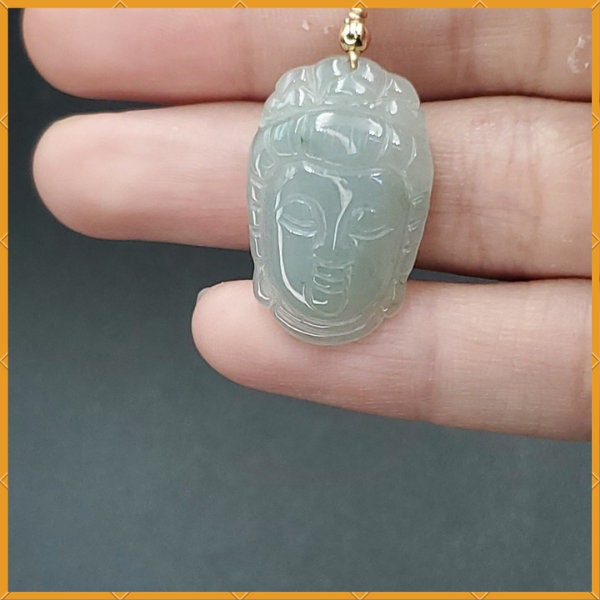 Yingmart Light Blue Guan-Yin Buhdda Face Burmese Myanmar Genuine Jadeite Jade Grade A Hand Craving Pedant with Hook setting