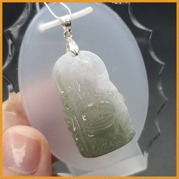 Yingmart Guan-Gong White Green  Burmese Myanmar Genuine Jadeite Jade Grade A Hand Craving Pedant with Hook setting