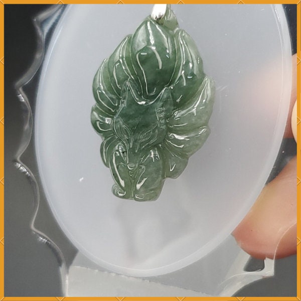 Yingmart Green Nine Tails Fox Burmese Myanmar Genuine Jadeite Jade Grade A Hand Craving Pedant with Hook setting