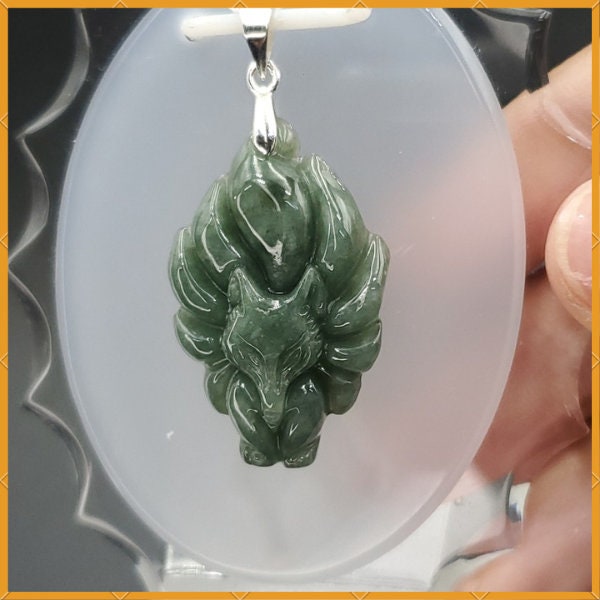 Yingmart Green Nine Tails Fox Burmese Myanmar Genuine Jadeite Jade Grade A Hand Craving Pedant with Hook setting