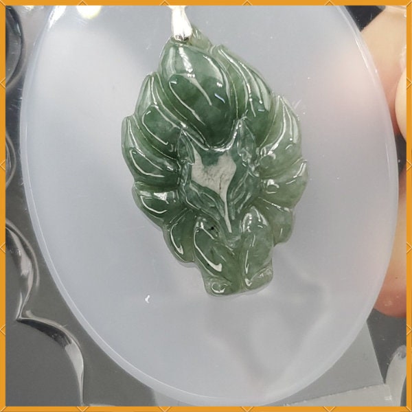 Yingmart Green Nine Tails Fox Burmese Myanmar Genuine Jadeite Jade Grade A Hand Craving Pedant with Hook setting