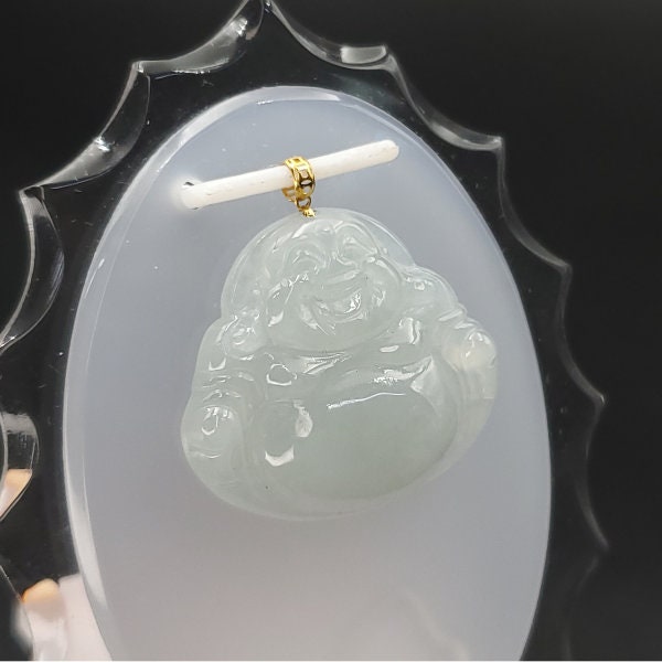 Yingmart White Semi-Translucent Laughing Buhdda Burmese Myanmar Genuine Jadeite Jade Grade A Hand Craving Pedant with 18K Gold Hook setting