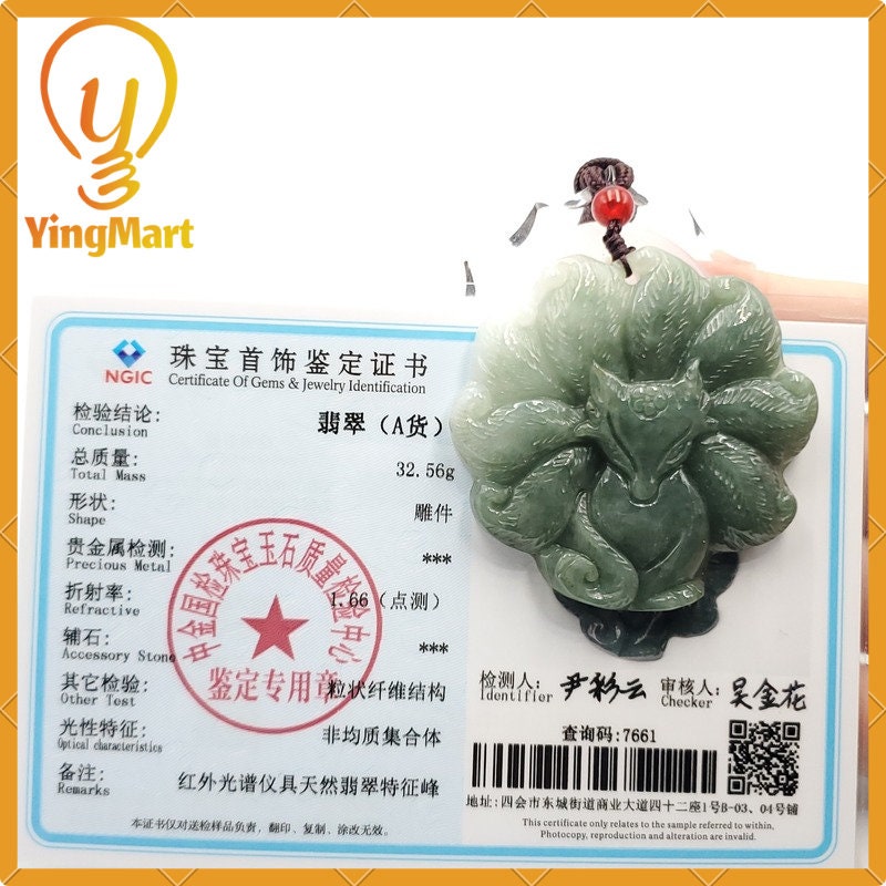 Yingmart  100% Natural Jade Nine - Tailed Fox Pendant Hand Carved  Burmese Myanmar Genuine Jadeite Real Jade Grade A Type A