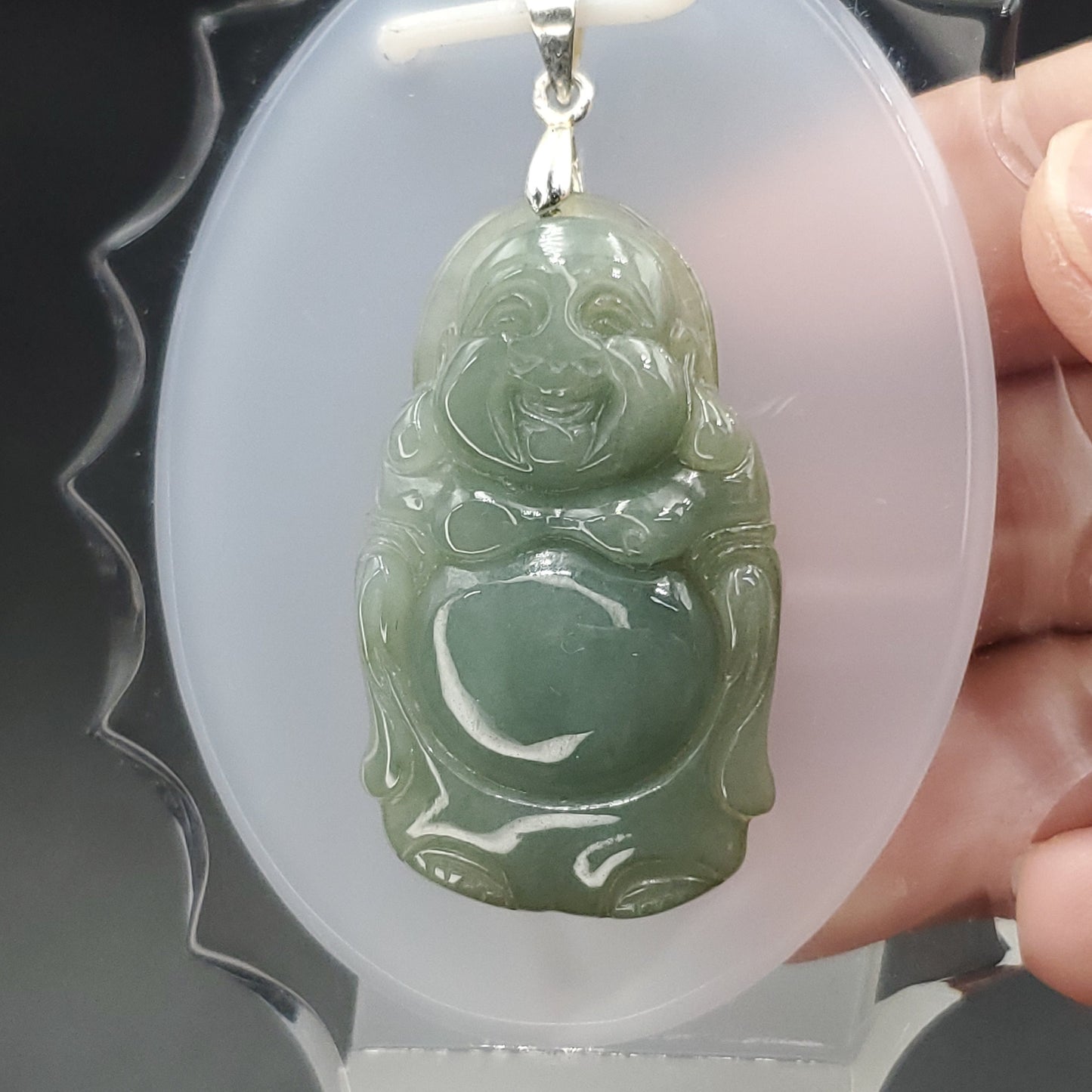 Yingmart Light Blue Laughing Buhdda Burmese Myanmar Genuine Jadeite Jade Grade A Hand Craving Pedant with Hook setting