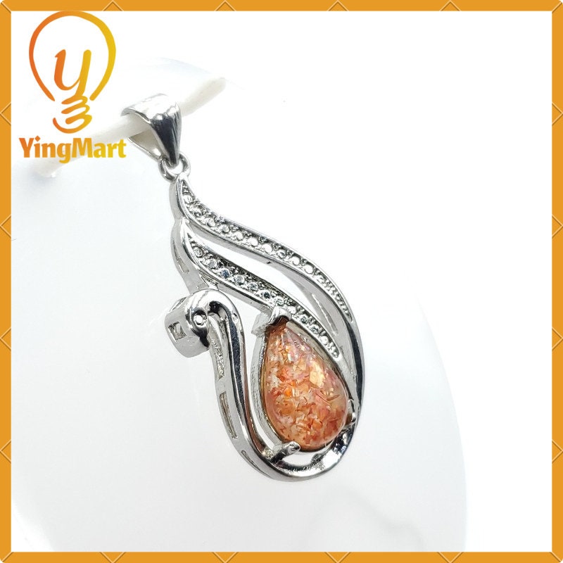 Yingmart Natural Strawberry Quartz Embraced By a Silver Swan Pendant 100% Genuine Jadeite Real Jade Type A Grade A Hand Carved