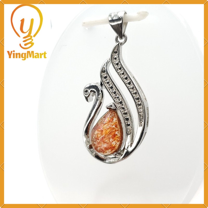 Yingmart Natural Strawberry Quartz Embraced By a Silver Swan Pendant 100% Genuine Jadeite Real Jade Type A Grade A Hand Carved