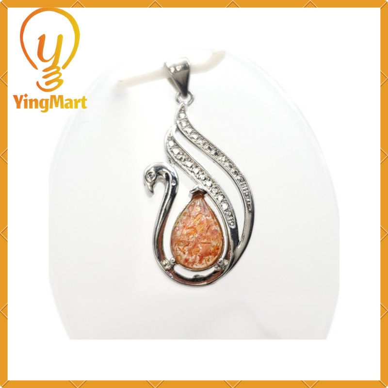 Yingmart Natural Strawberry Quartz Embraced By a Silver Swan Pendant 100% Genuine Jadeite Real Jade Type A Grade A Hand Carved