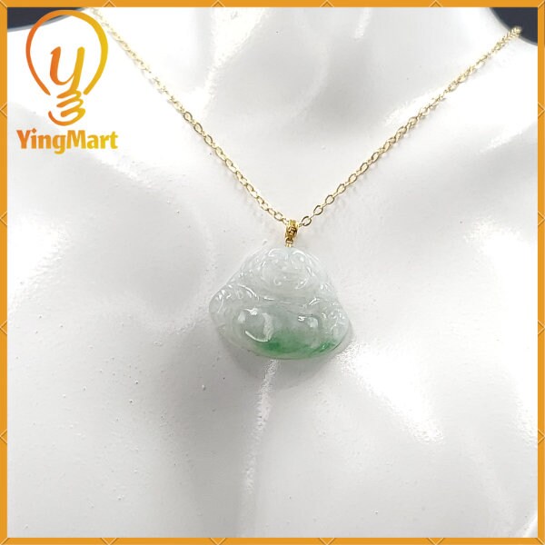 Yingmart Authentic White Apply Green Floating Laughing Buhdda Burmese Myanmar Genuine Jadeite Jade Grade A Hand Craving Pedant
