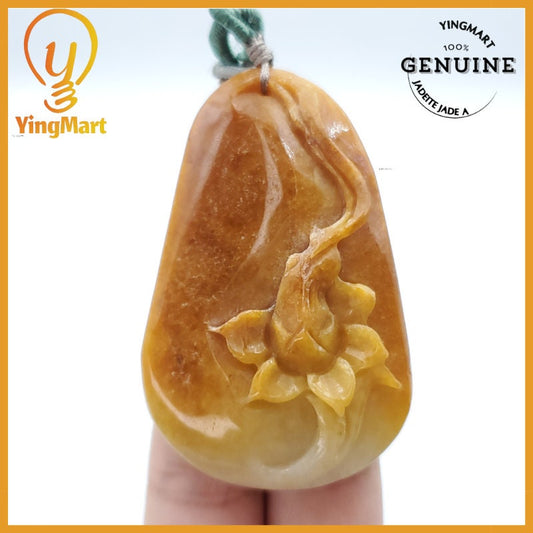 Yingmart Lotus Flower Jade Pendant  100% Genuine Jadeite Real Jade Type A Grade A Hand Carved