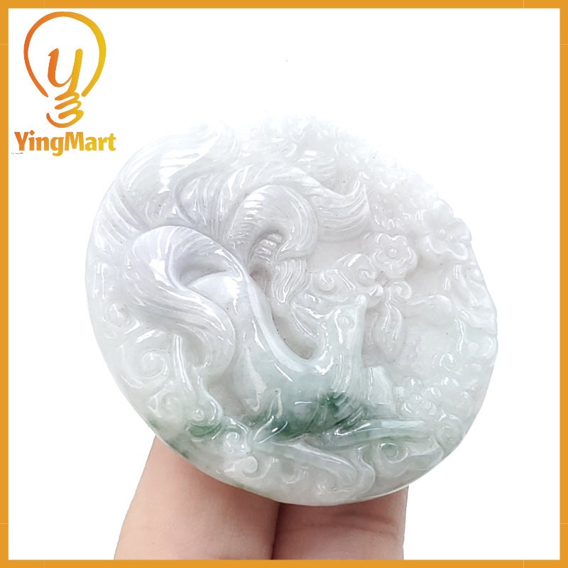Yingmart  100% Natural Jade Nine - Tailed fox Pendant Hand Carved  Burmese Myanmar Genuine Jadeite Real Jade Grade A Type A