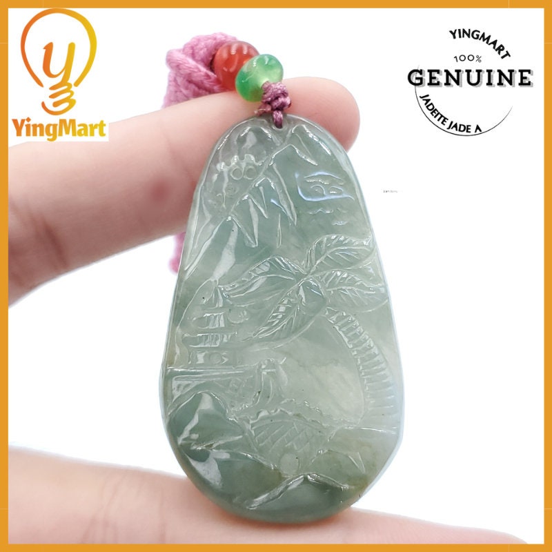 Yingmart  Carved Landscape Jadeite Jade Pendant, Style Scenery Bridge Mountain Tree 100% Genuine  Burmese Myanmar Real Jade Grade A Type A