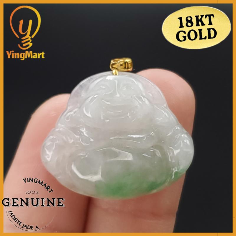 Yingmart Authentic White Apply Green Floating Laughing Buhdda Burmese Myanmar Genuine Jadeite Jade Grade A Hand Craving Pedant