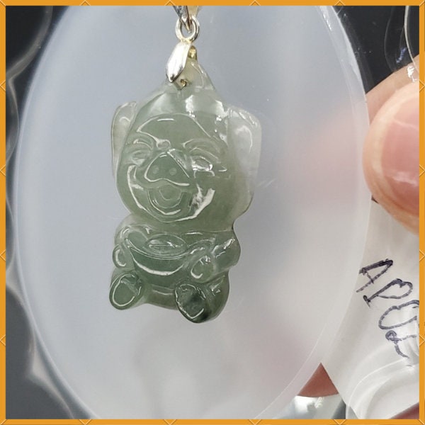 Yingmart Light Blue Piggy Burmese Myanmar Genuine Jadeite Jade Grade A Hand Craving Pedant with Hook setting
