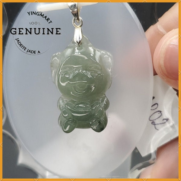 Yingmart Light Blue Piggy Burmese Myanmar Genuine Jadeite Jade Grade A Hand Craving Pedant with Hook setting