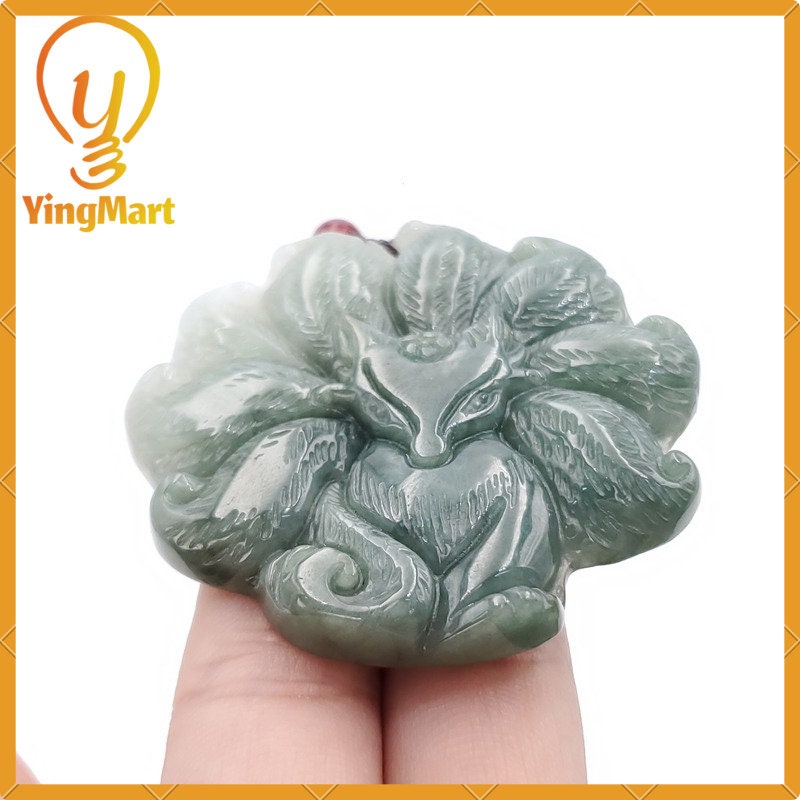 Yingmart  100% Natural Jade Nine - Tailed Fox Pendant Hand Carved  Burmese Myanmar Genuine Jadeite Real Jade Grade A Type A