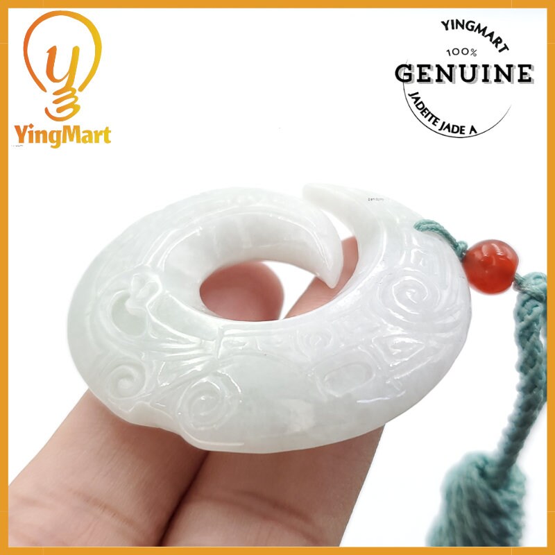 Yingmart Ancient Dragon Pendant Made of Natural White  Genuine Jadeite Real Jade Type A Grade A Hand Carved