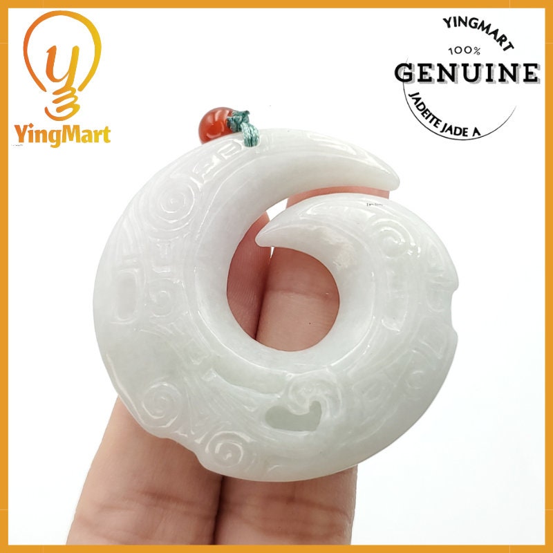 Yingmart Ancient Dragon Pendant Made of Natural White  Genuine Jadeite Real Jade Type A Grade A Hand Carved