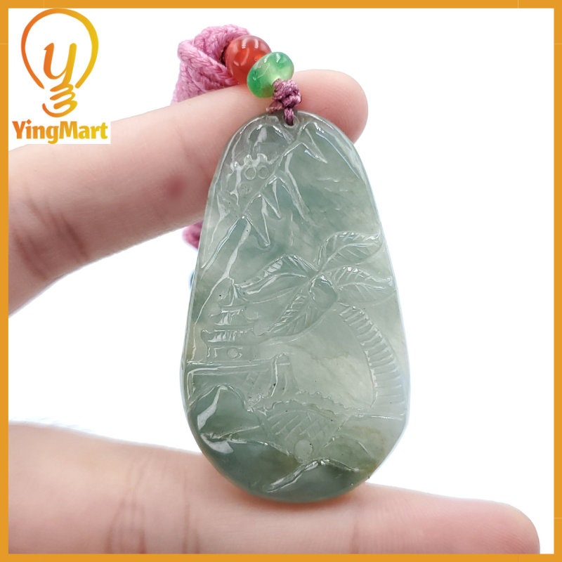 Yingmart  Carved Landscape Jadeite Jade Pendant, Style Scenery Bridge Mountain Tree 100% Genuine  Burmese Myanmar Real Jade Grade A Type A