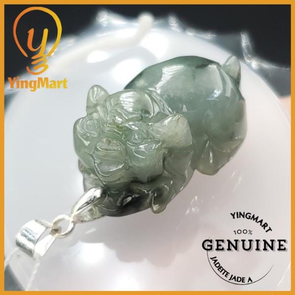 Yingmart Light Blue Piggy Burmese Myanmar Genuine Jadeite Jade Grade A Hand Craving Pedant with Hook setting