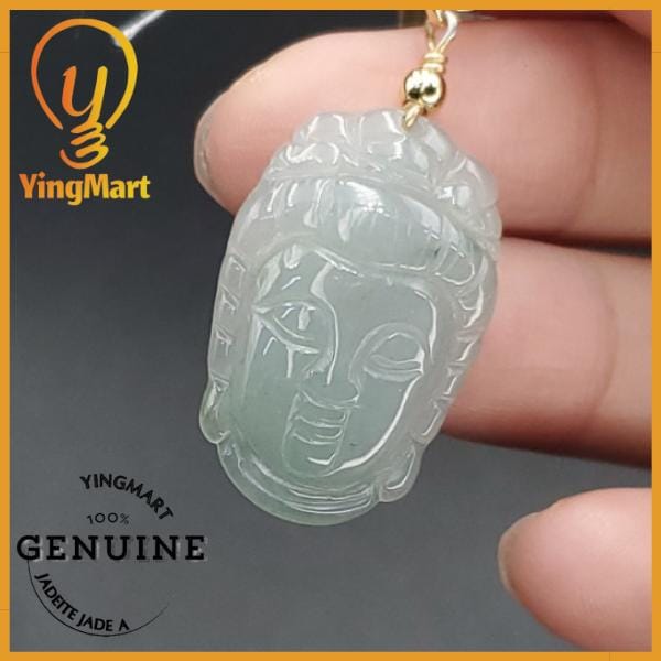 Yingmart Light Blue Guan-Yin Buhdda Face Burmese Myanmar Genuine Jadeite Jade Grade A Hand Craving Pedant with Hook setting