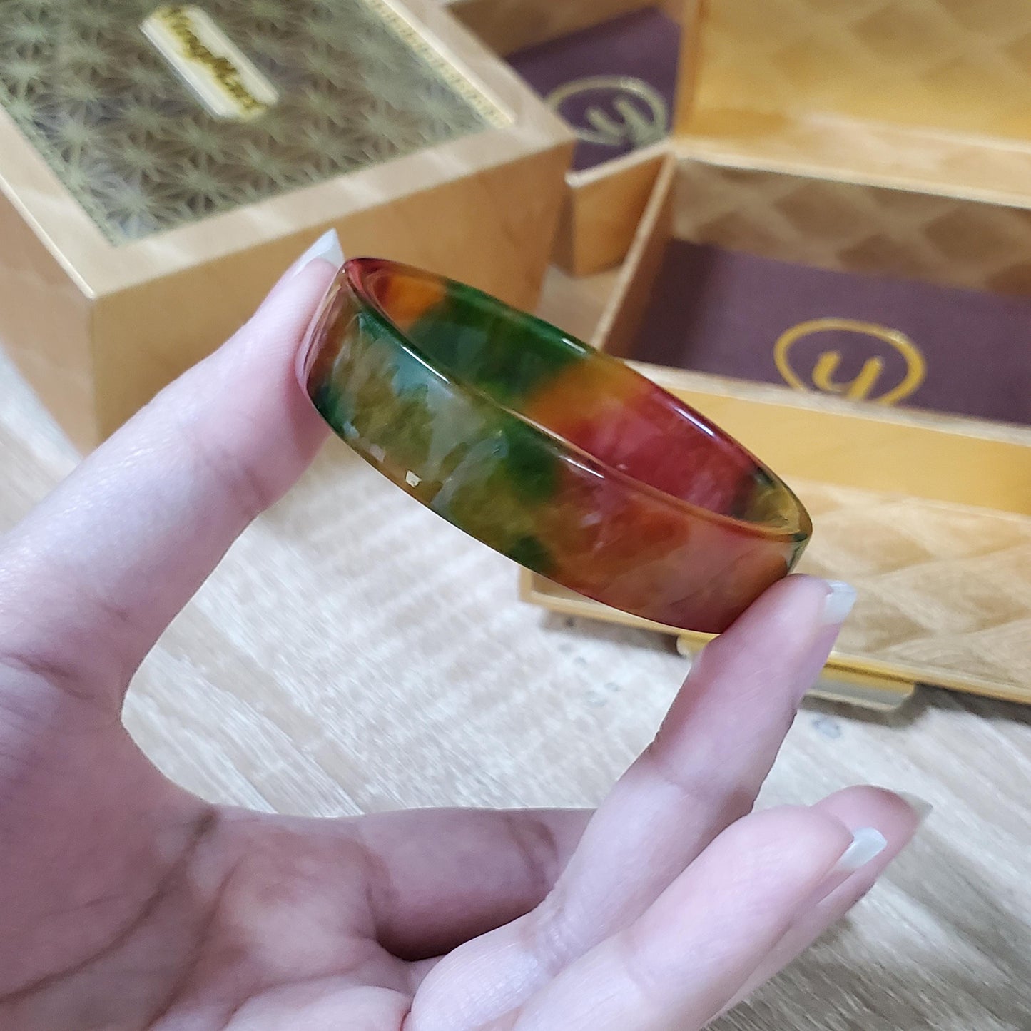 High Quality 48–60mm Jadeite Jade Square Yellow Mix Green Red YingMart Bangle Gift for Her Grandma Mens Personalized