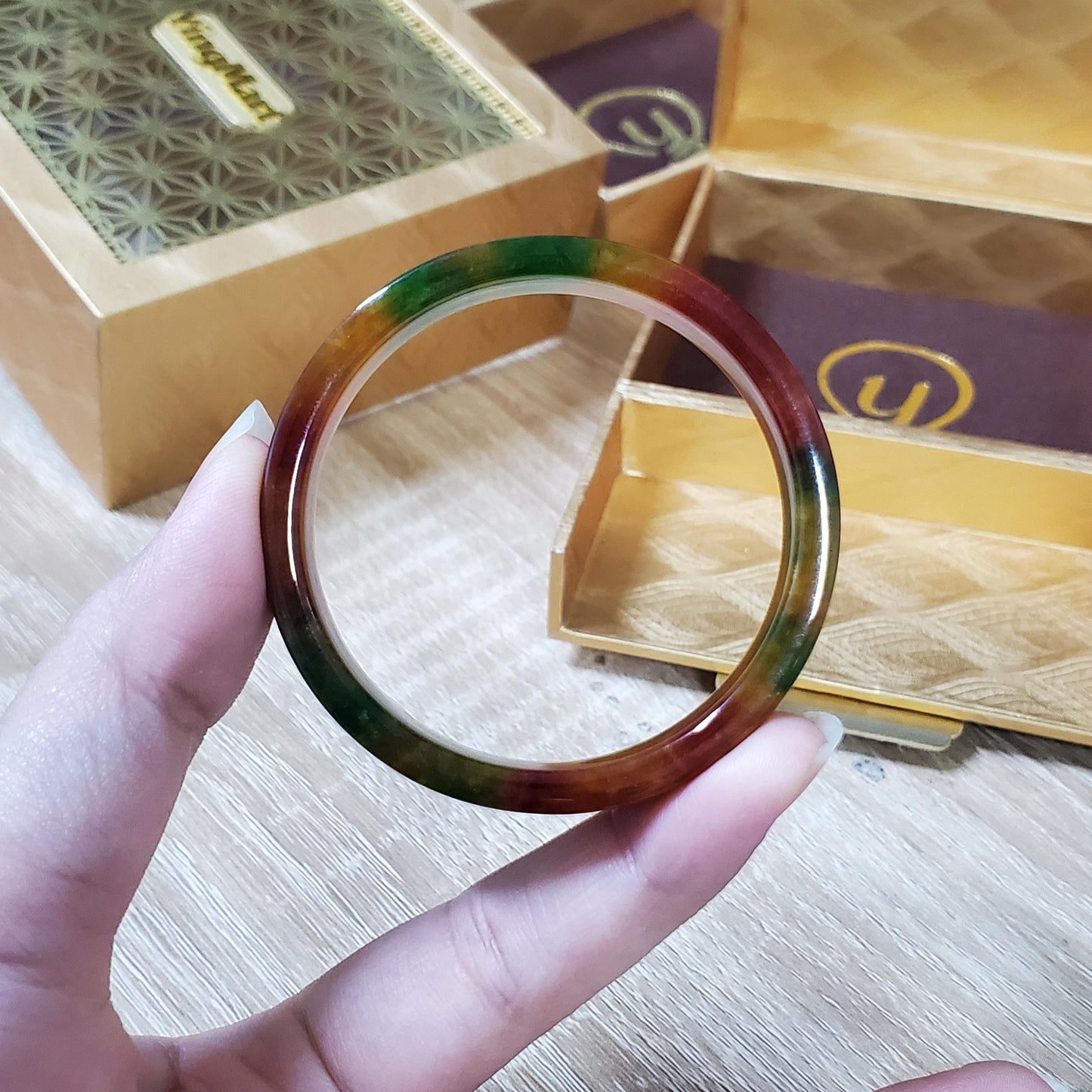 High Quality 48–60mm Jadeite Jade Square Yellow Mix Green Red YingMart Bangle Gift for Her Grandma Mens Personalized