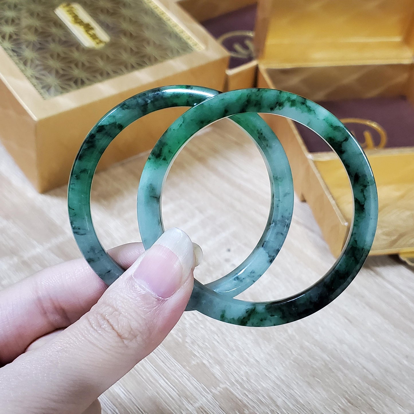 High Quality 48-72mm Natural-Colour Jade Bangle, White Floating Green Black Veins, Burmese Jadeite, Feng Shui Jewelry, Gift for Mom