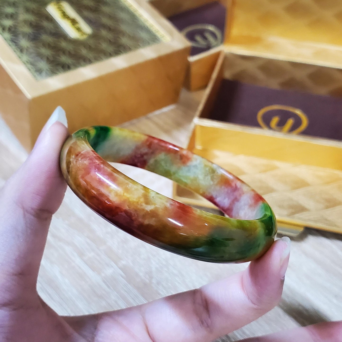 High Quality 48–72mm Jadeite Jade Orange Yellow Green Spot Bangle Gift for Her Mom Grandma Feng Shui Personalized Jewelry