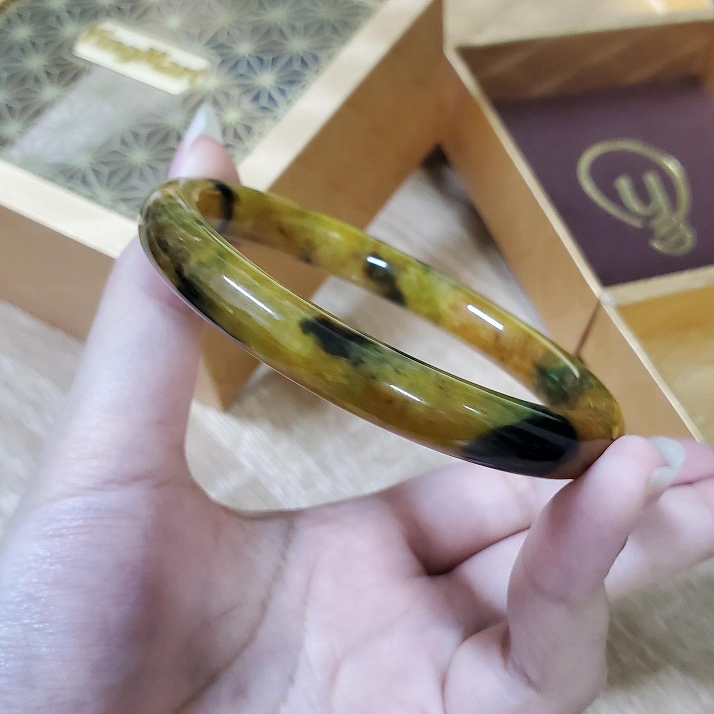 High Quality 48–72mm Jadeite Jade Yellow Black Spot YingMart Bangle Bracelets Gift for Her Mom Feng Shui Grandma Sister