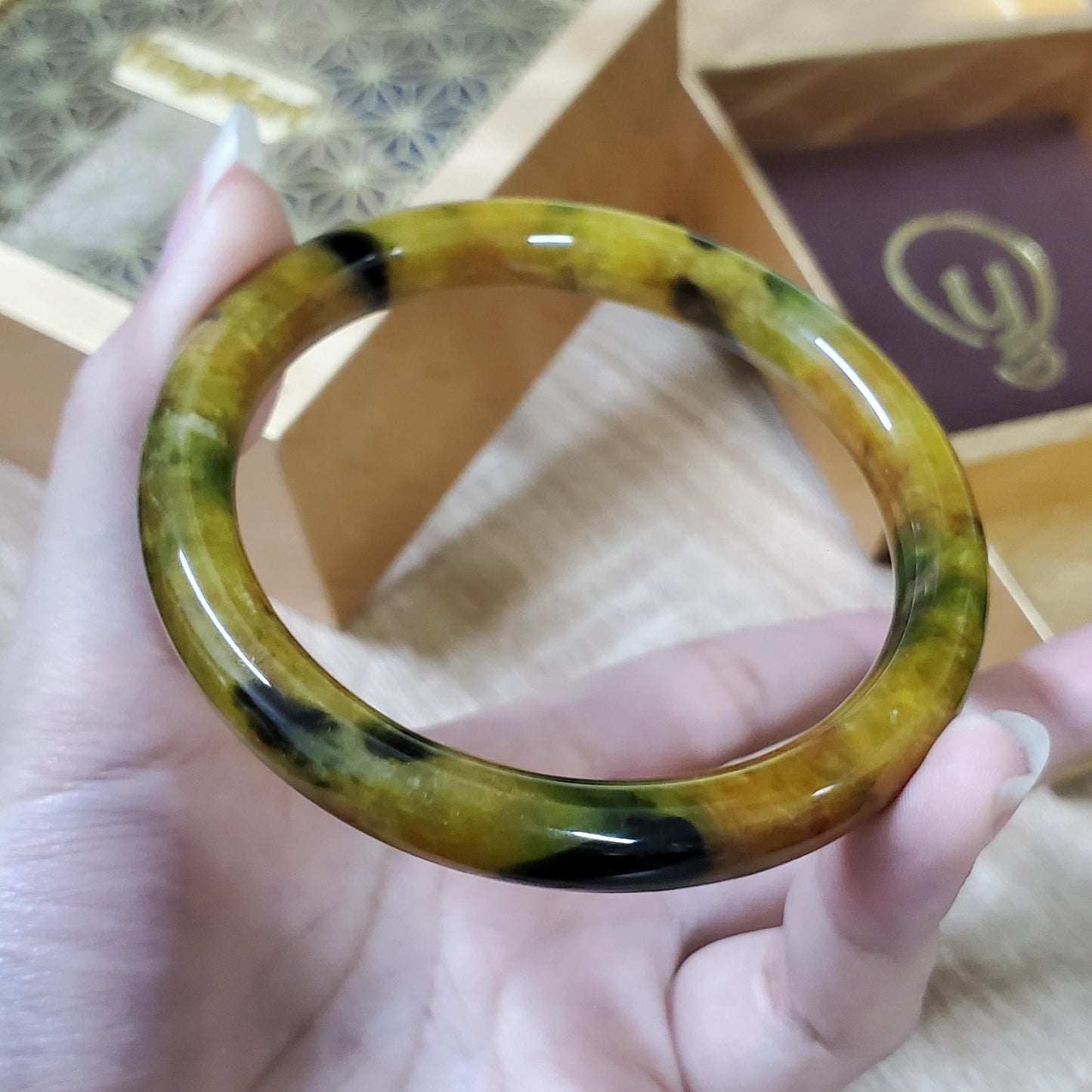 High Quality 48–72mm Jadeite Jade Yellow Black Spot YingMart Bangle Bracelets Gift for Her Mom Feng Shui Grandma Sister