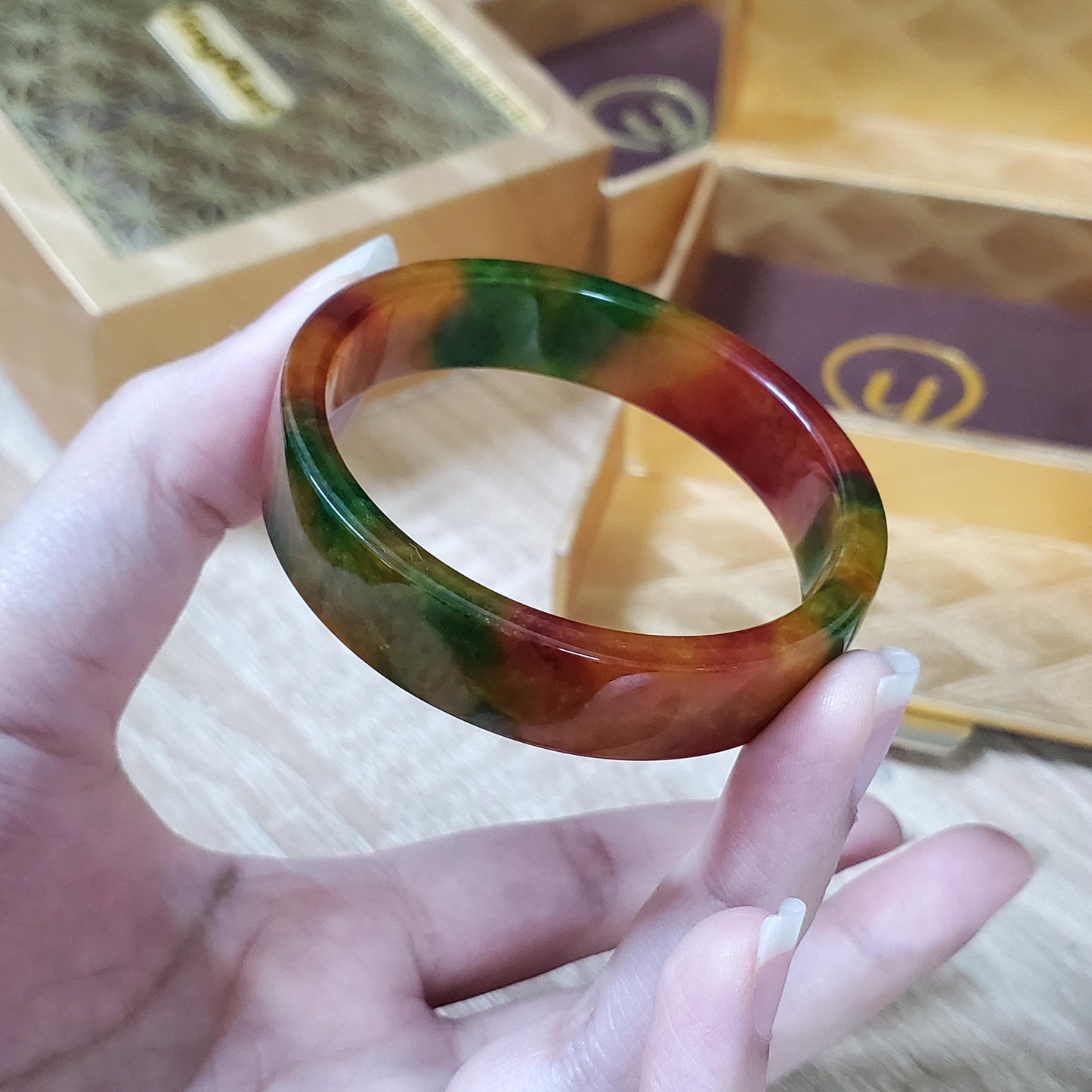 High Quality 48–60mm Jadeite Jade Square Yellow Mix Green Red YingMart Bangle Gift for Her Grandma Mens Personalized