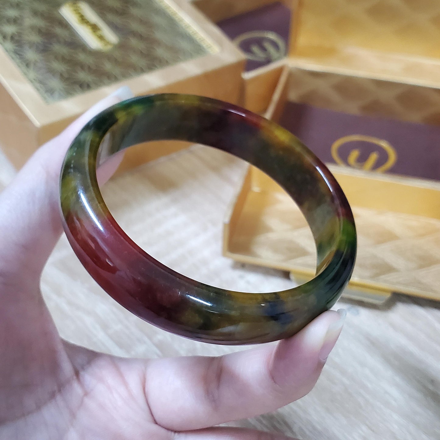 High Quality 48–72mm Jadeite Jade Orange Yellow Green Black Veins Bangle Bracelets Gift for Her Mom Grandma Feng Shui Personalized Jewelry