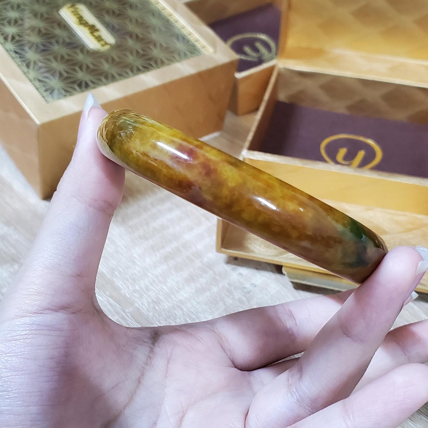 High Quality 48-72mm Jadeite Jade Bangle, Yellow Mixed Green Brown Spot, Burmese, Feng Shui Jewelry, Gift for Mom