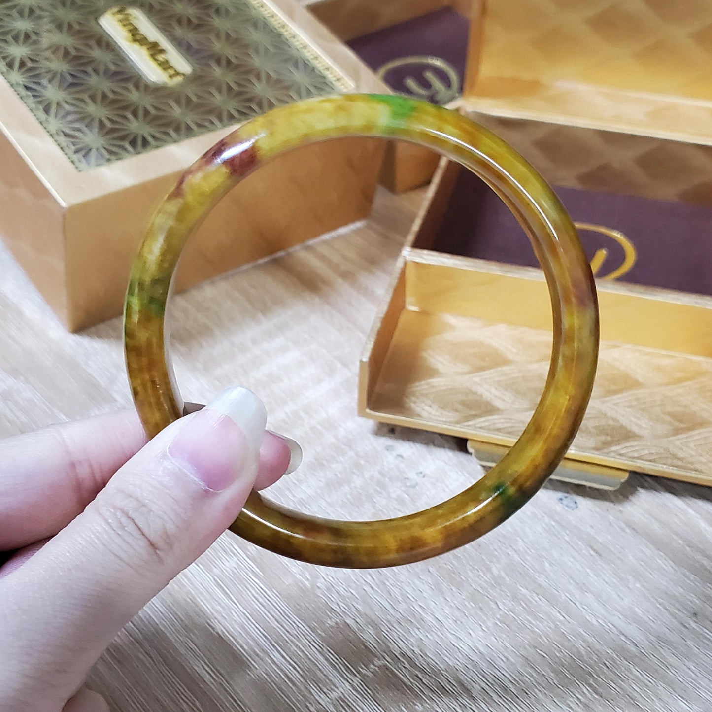 High Quality 48-72mm Jadeite Jade Bangle, Yellow Mixed Green Brown Spot, Burmese, Feng Shui Jewelry, Gift for Mom