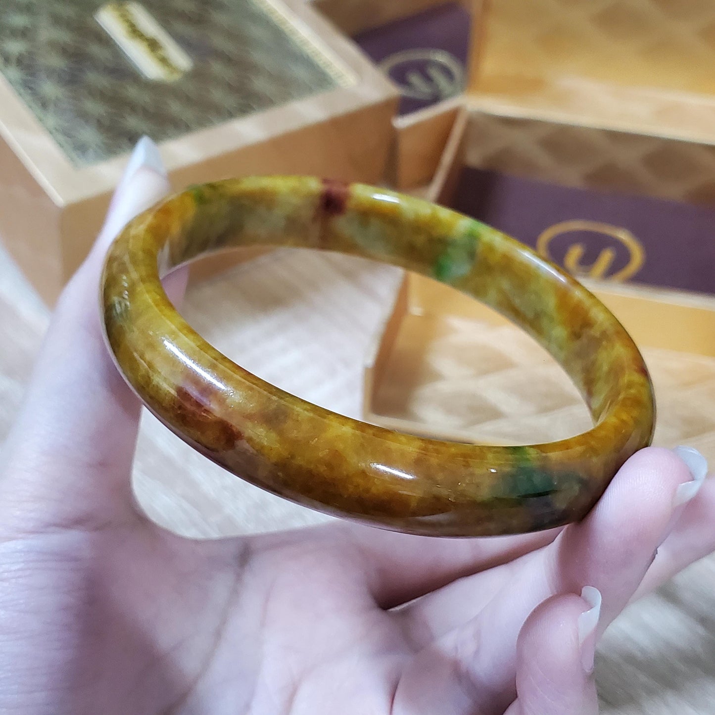 High Quality 48-72mm Jadeite Jade Bangle, Yellow Mixed Green Brown Spot, Burmese, Feng Shui Jewelry, Gift for Mom