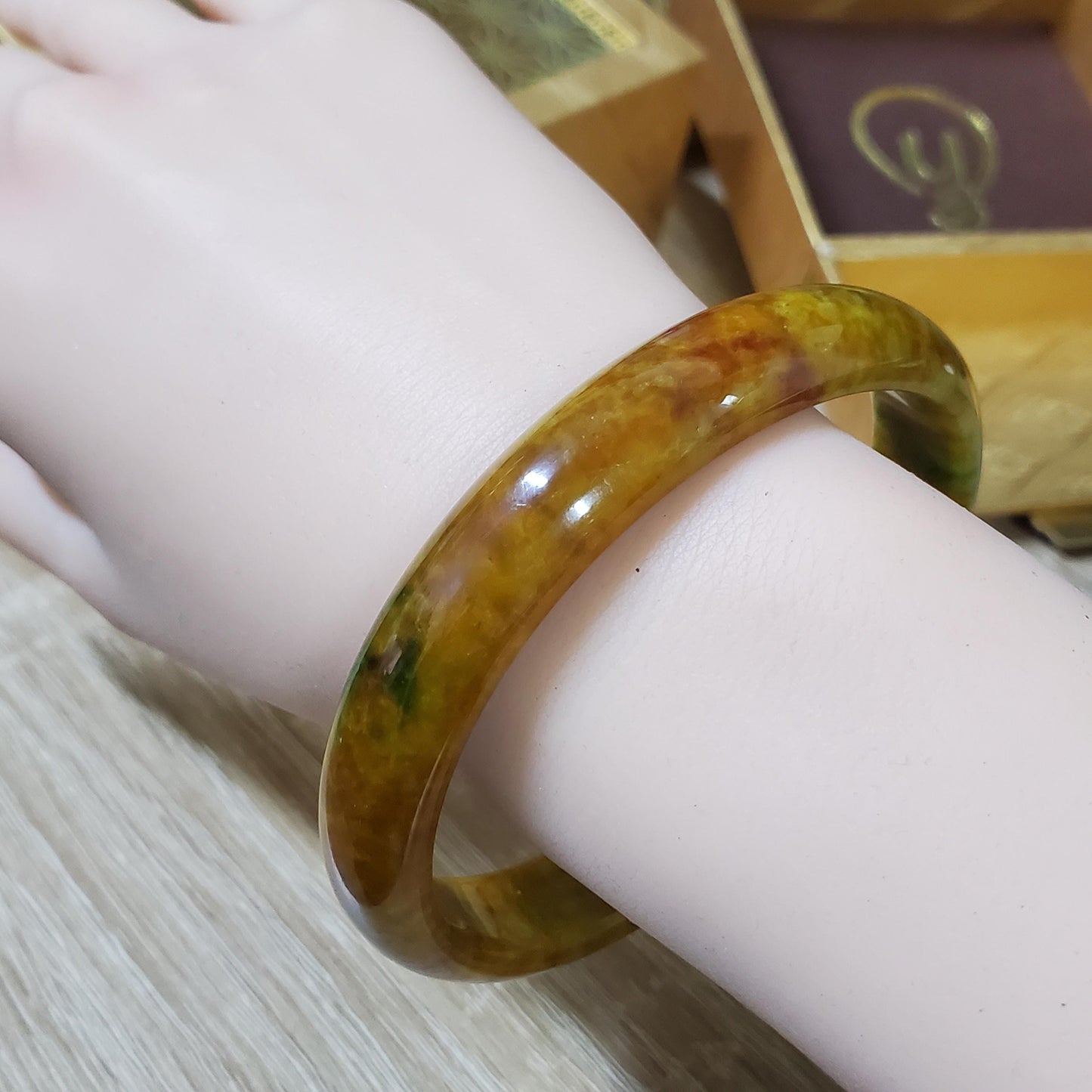 High Quality 48-72mm Jadeite Jade Bangle, Yellow Mixed Green Brown Spot, Burmese, Feng Shui Jewelry, Gift for Mom