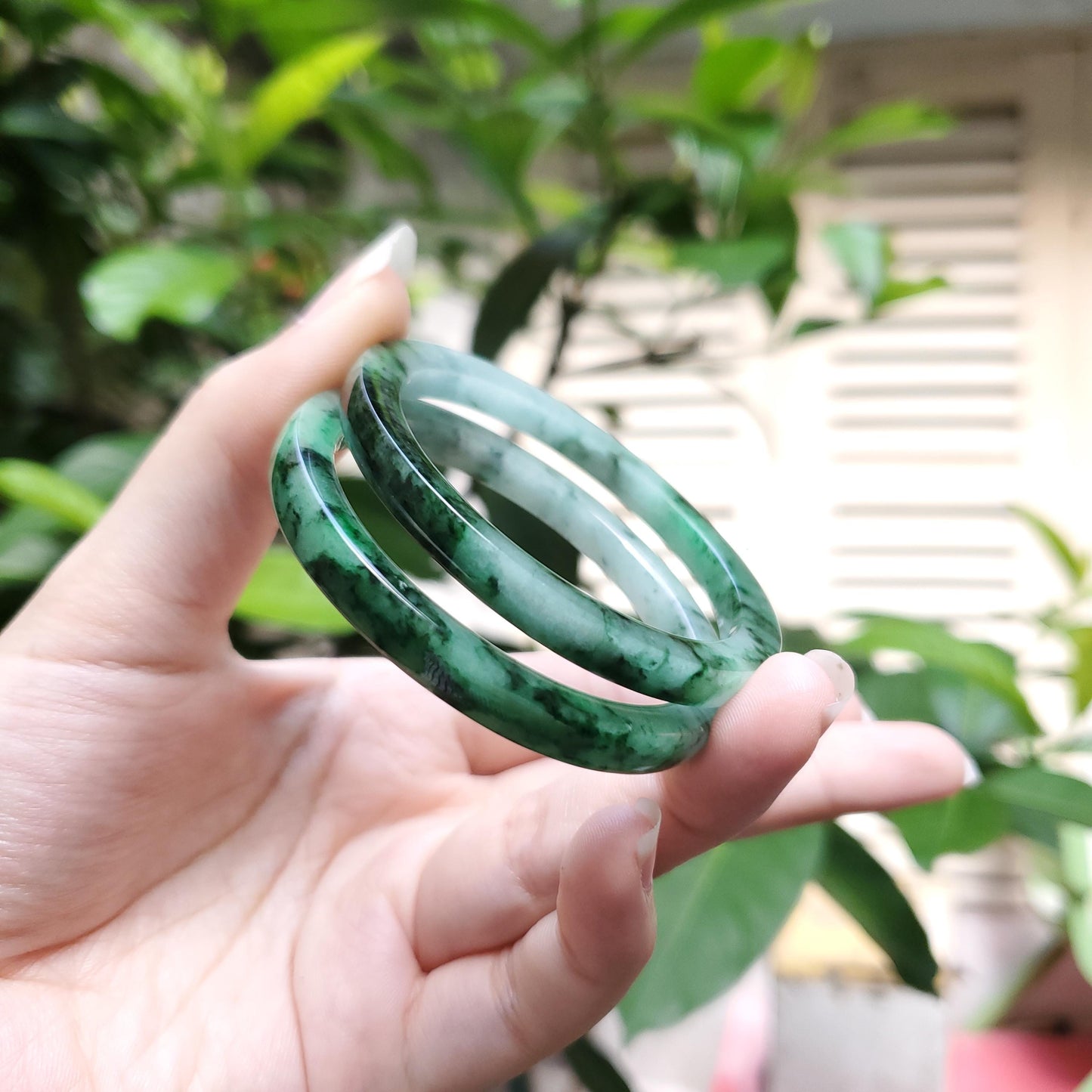 High Quality 48-72mm Natural-Colour Jade Bangle, White Floating Green Black Veins, Burmese Jadeite, Feng Shui Jewelry, Gift for Mom