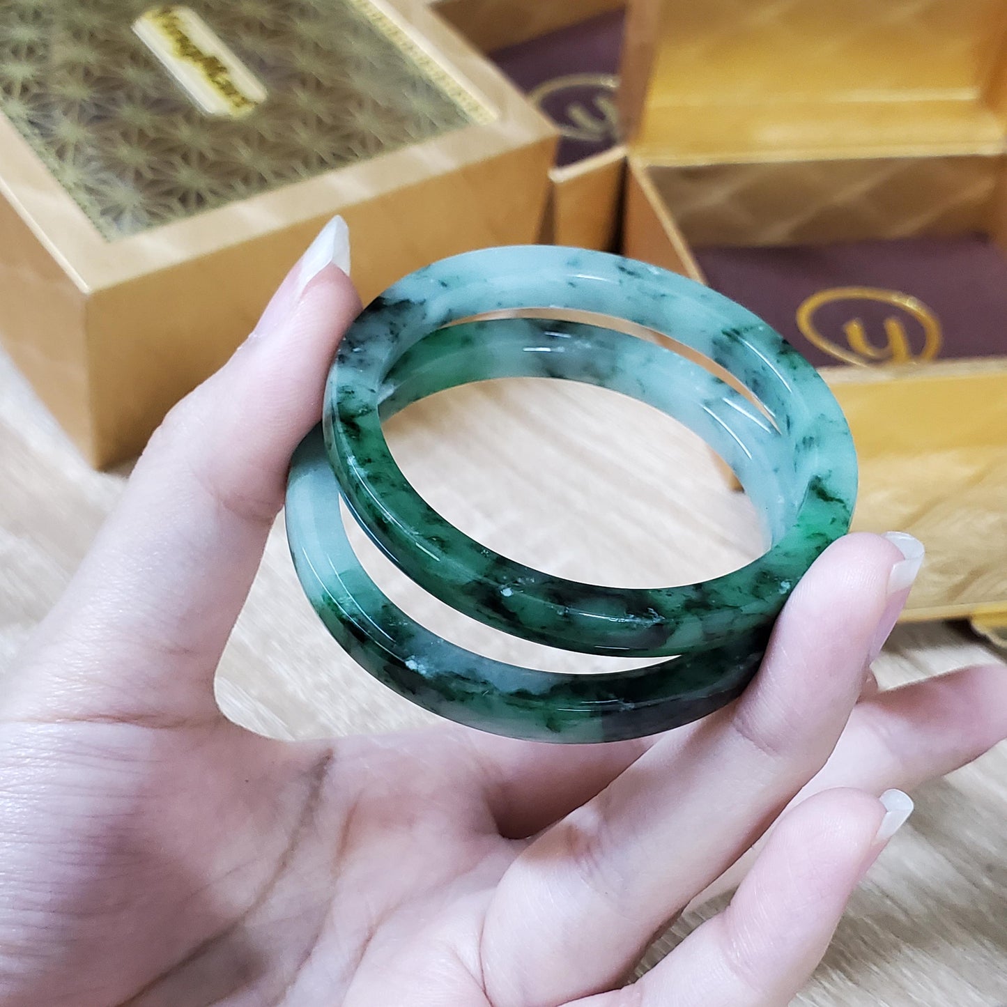 High Quality 48-72mm Natural-Colour Jade Bangle, White Floating Green Black Veins, Burmese Jadeite, Feng Shui Jewelry, Gift for Mom