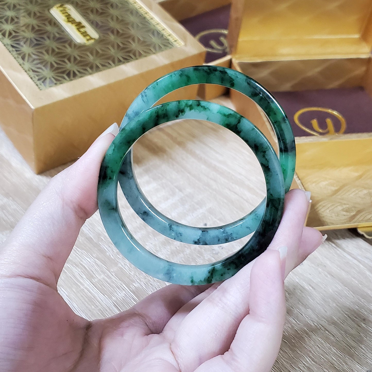 High Quality 48-72mm Natural-Colour Jade Bangle, White Floating Green Black Veins, Burmese Jadeite, Feng Shui Jewelry, Gift for Mom