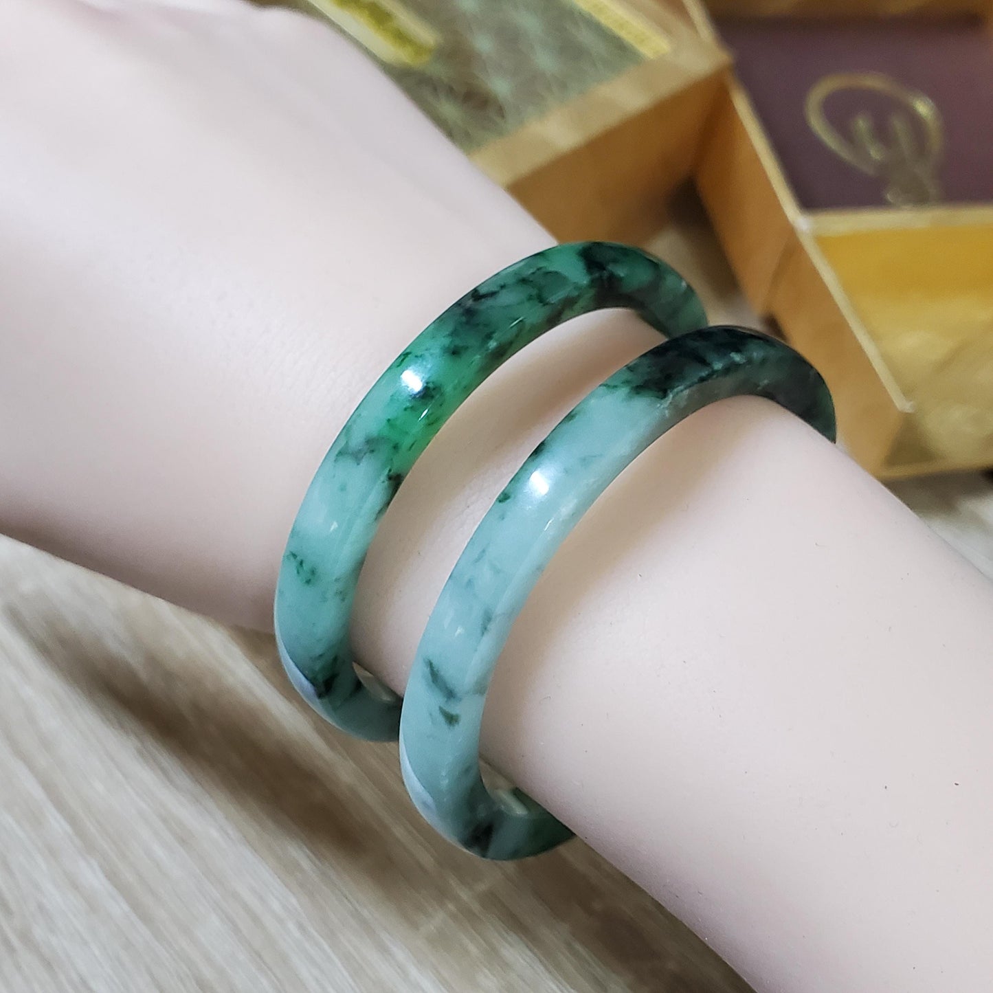 High Quality 48-72mm Natural-Colour Jade Bangle, White Floating Green Black Veins, Burmese Jadeite, Feng Shui Jewelry, Gift for Mom