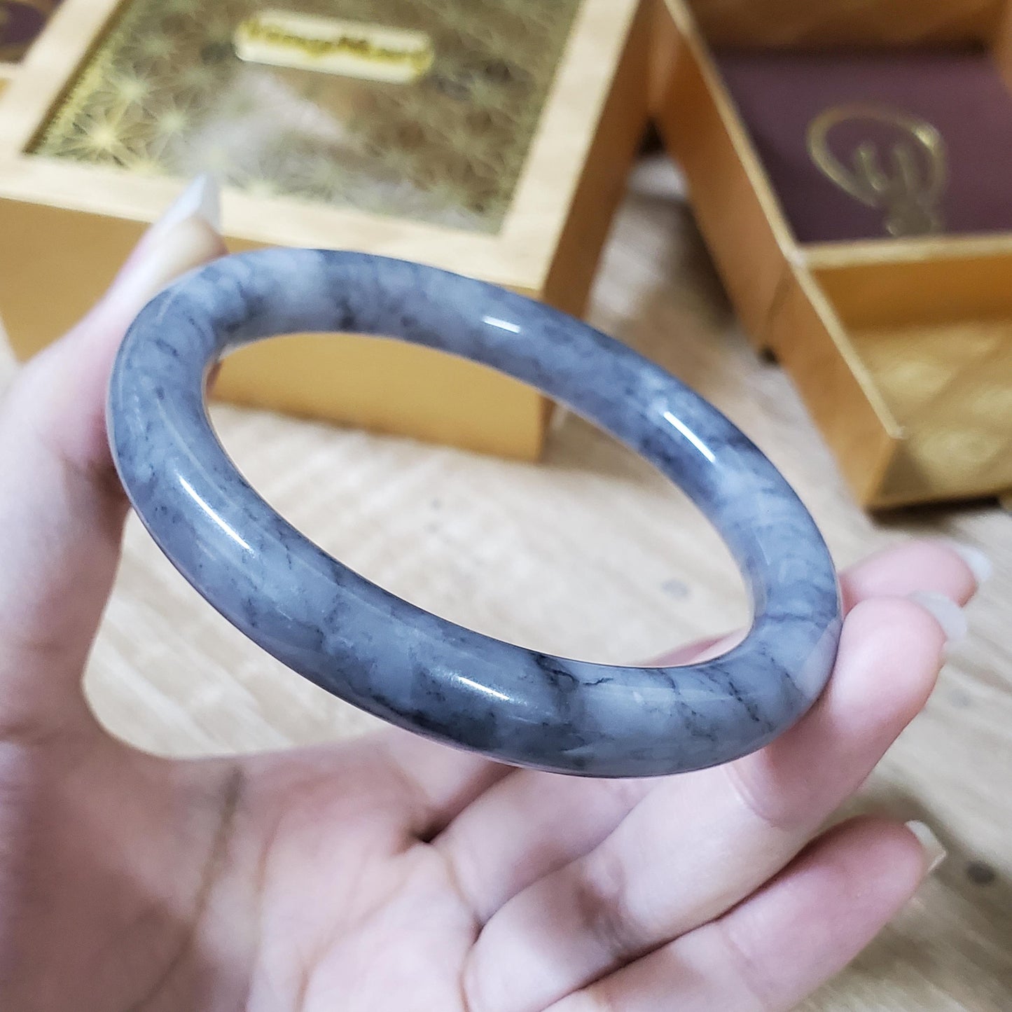 High Quality 48–72mm Genuine Type A Jade Grey White Black YingMart Jadeite Bangle Bracelets Gift for Her Grandmother Sister Mens