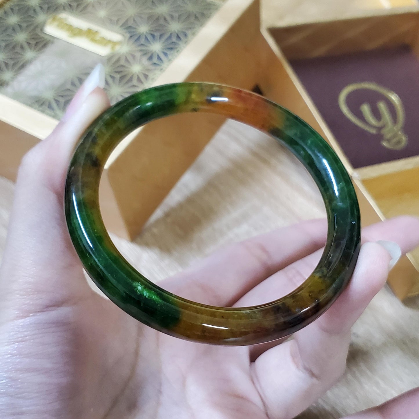 High Quality 48–72mm Jadeite Jade Yellow Green Black Veins YingMart Bangle Bracelets Gift for Her Feng Shui Grandma Sister Mom