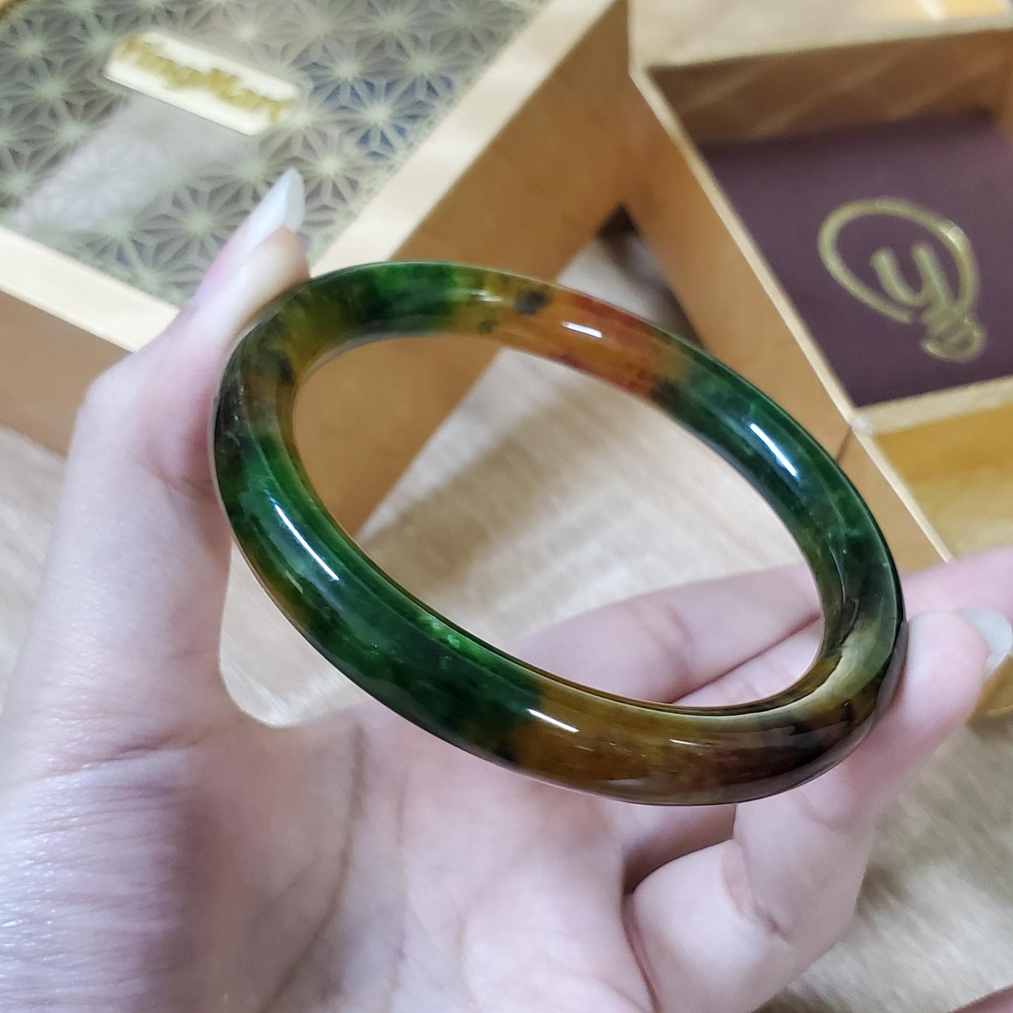 High Quality 48–72mm Jadeite Jade Yellow Green Black Veins YingMart Bangle Bracelets Gift for Her Feng Shui Grandma Sister Mom