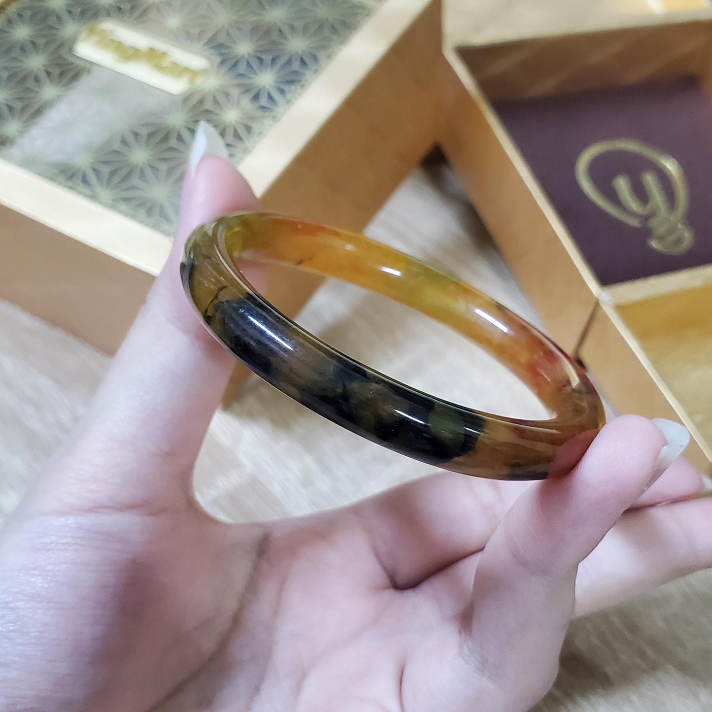 High Quality 48–72mm Jadeite Jade Yellow Black Veins YingMart Bangle Bracelets Gift for Her Mom Feng Shui Grandma Sister