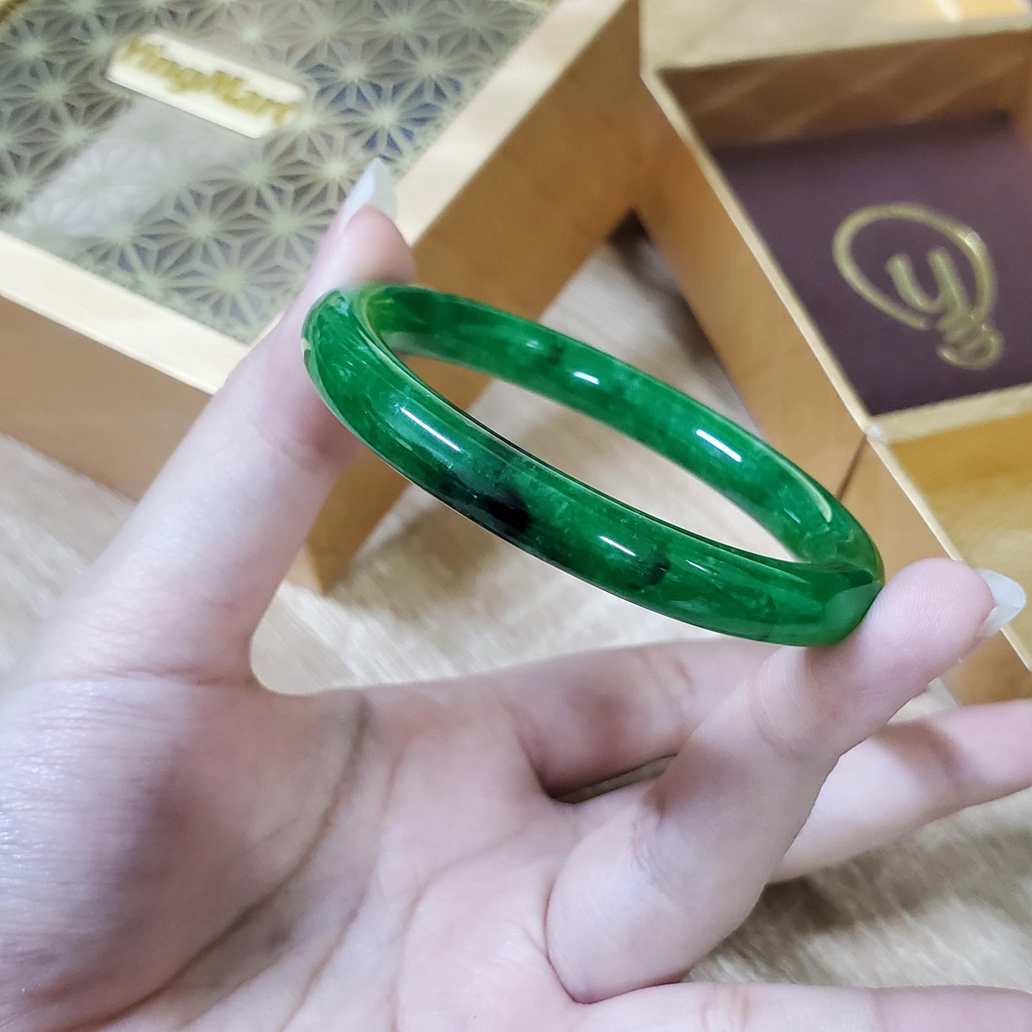 High Quality 48–72mm Jadeite Jade Green Black Spot YingMart Bangle Bracelets Gift for Her Mom Feng Shui Grandma Sister