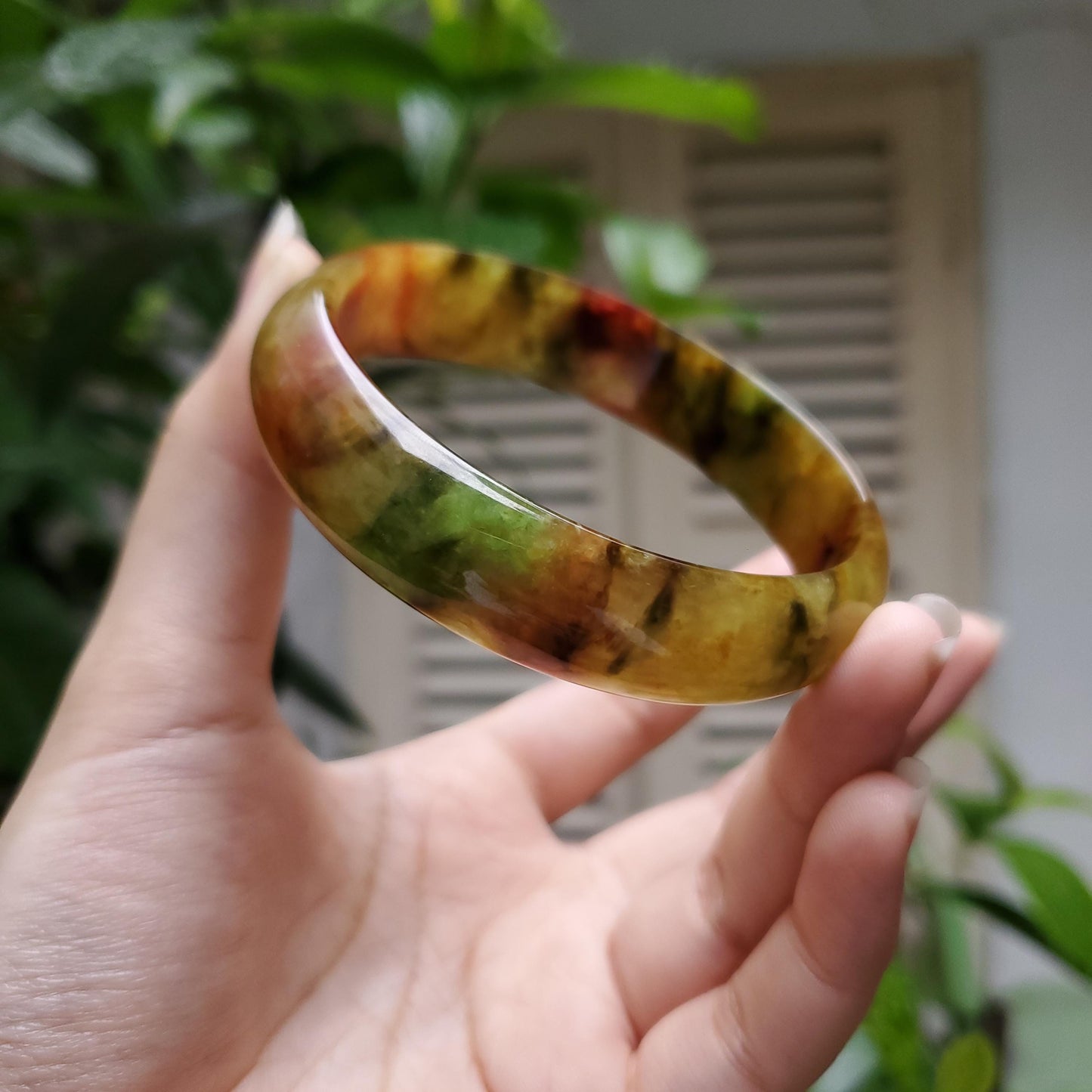 High Quality 48-72mm Jadeite Jade Bangle, Yellow Mixed Green Black Brown Spot, Burmese, D-Shape, Feng Shui Jewelry, Gift for Mom