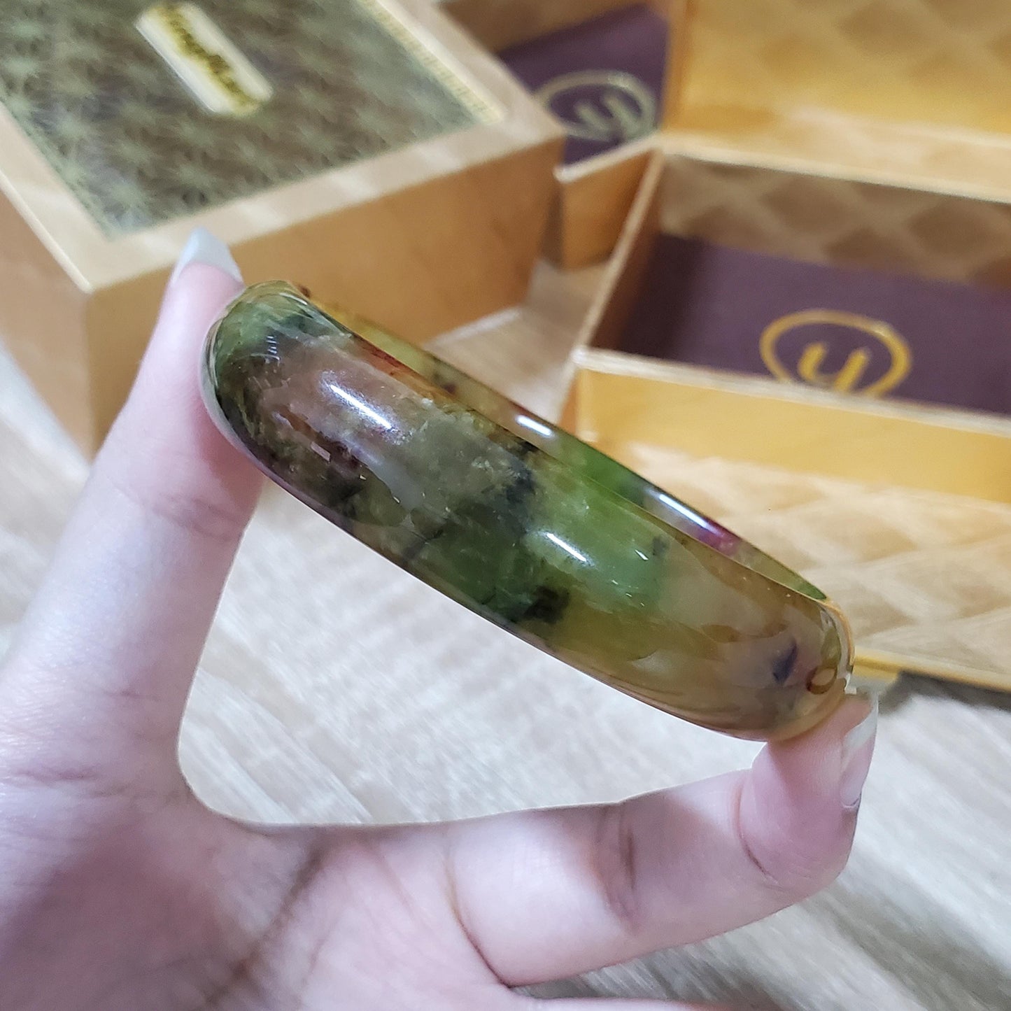High Quality 48-72mm Jadeite Jade Bangle, Yellow Mixed Green Black Brown Spot, Burmese, D-Shape, Feng Shui Jewelry, Gift for Mom
