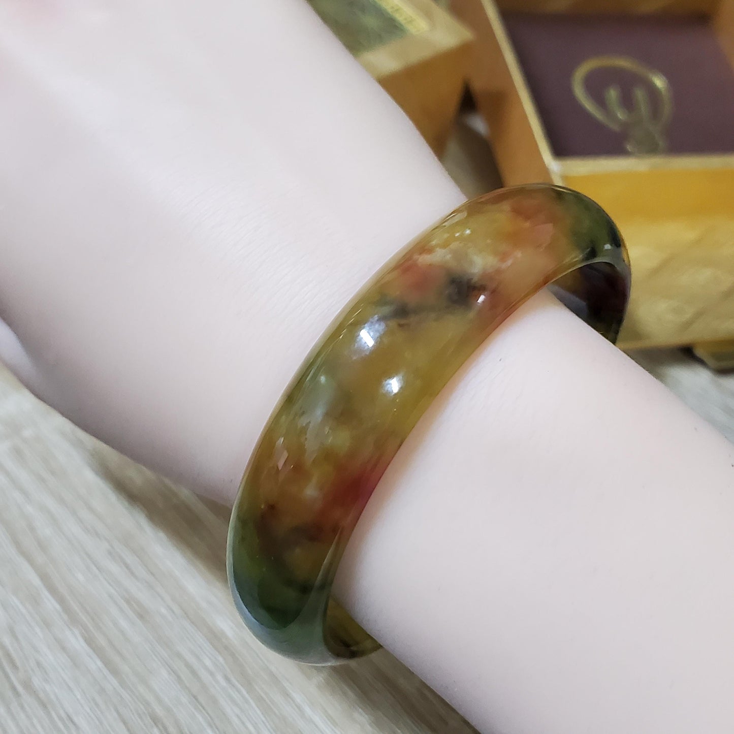 High Quality 48-72mm Jadeite Jade Bangle, Yellow Mixed Green Black Brown Spot, Burmese, D-Shape, Feng Shui Jewelry, Gift for Mom
